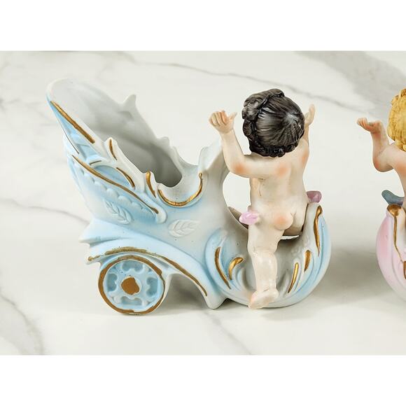 Putti Cherub Shoe Cart Porcelain Bisque 4" Figurine Blue Pink Home Decor x2 - Picture 10 of 16